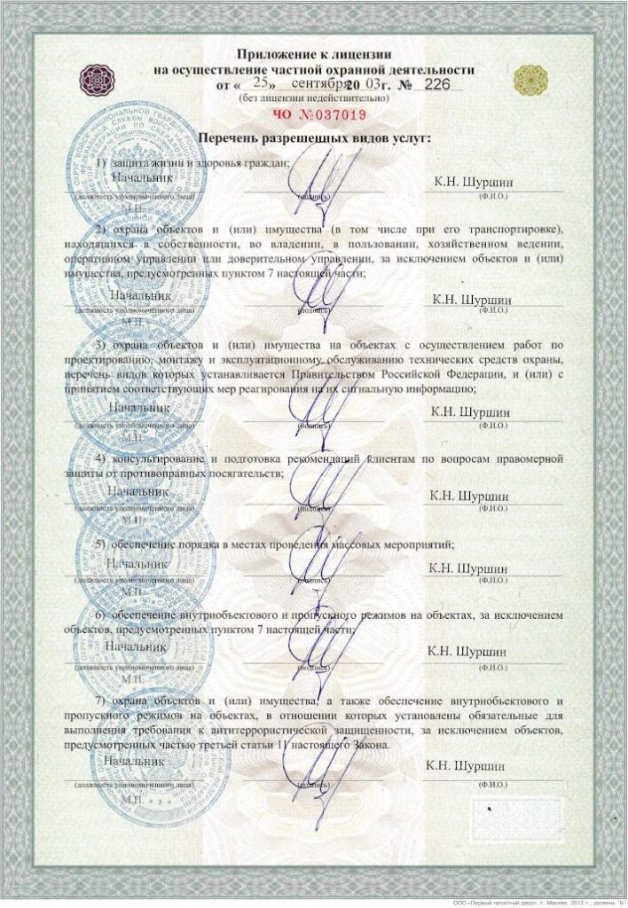 Лицензия на осуществление частной охранной деятельности — оборотная сторона